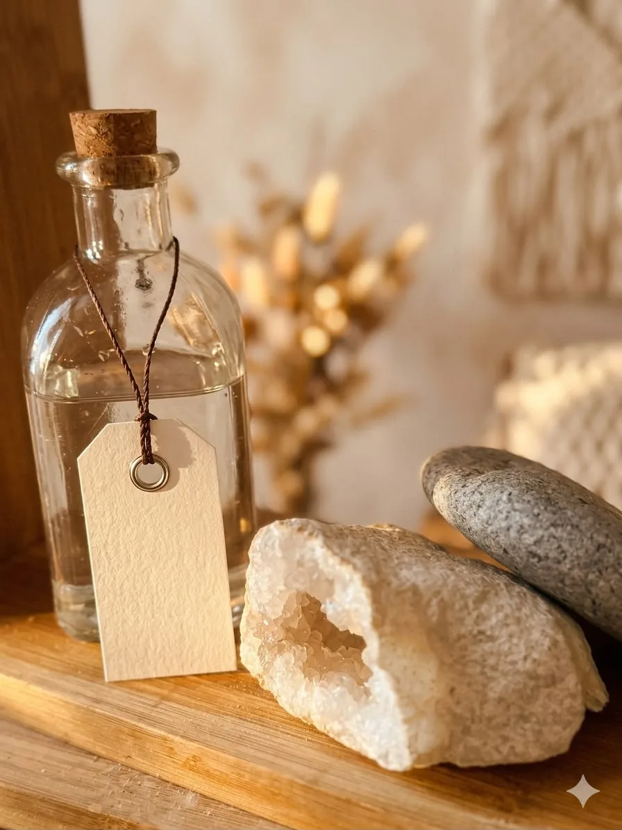 Ambiance zen avec flacon en verre et géode - cabinet Ninon Le Marais