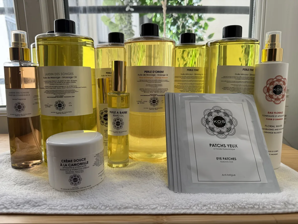 Gamme d'huiles de massage et soins KOS Paris - cabinet Ninon